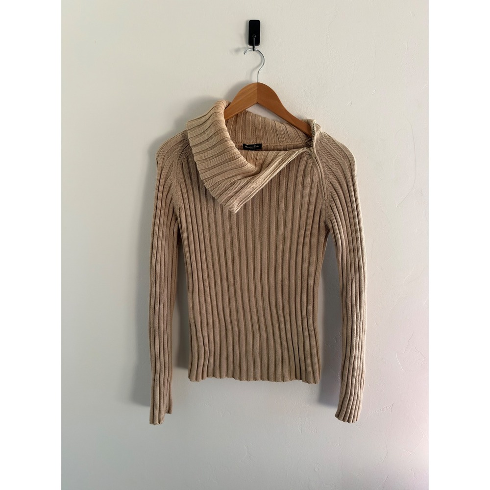 Massimo Dutti Tan Ribbed Knit Asymmetrical Zip Collar Sweater Medium
